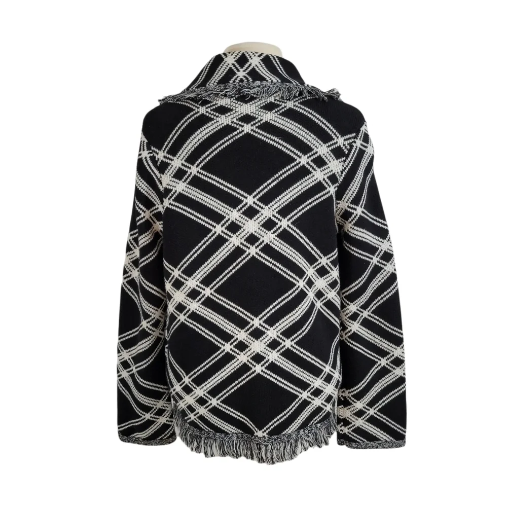 Chico's Black & White Diamond Plaid Fringe Sweater Jacket